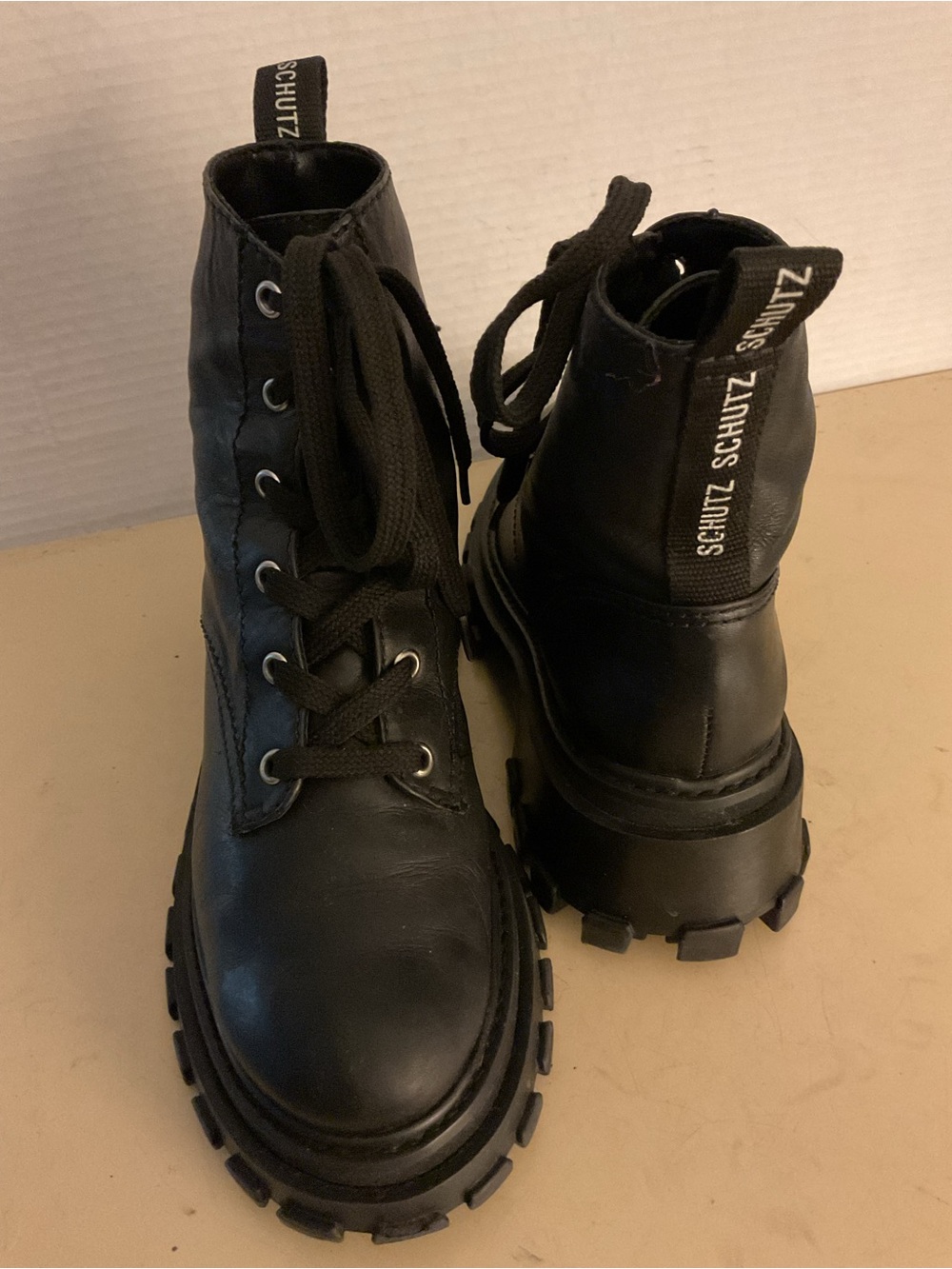 SCHUTZ women black leather platform combat boots US 6.5
